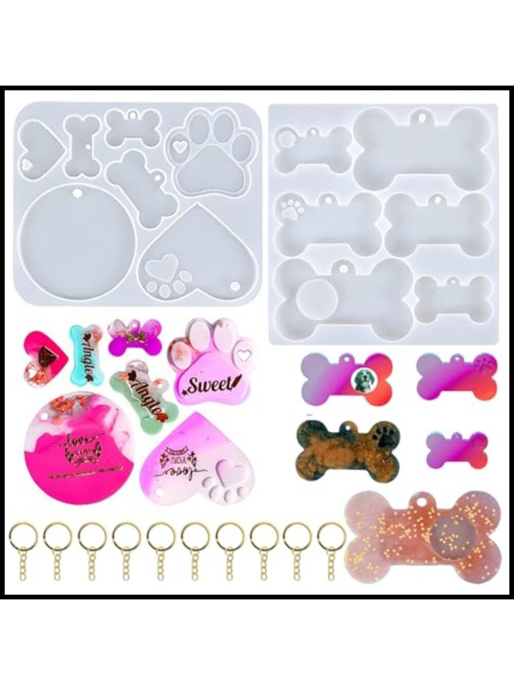 Silicone Resin Mold Set with 10 Keychains for DIY Pet Tags